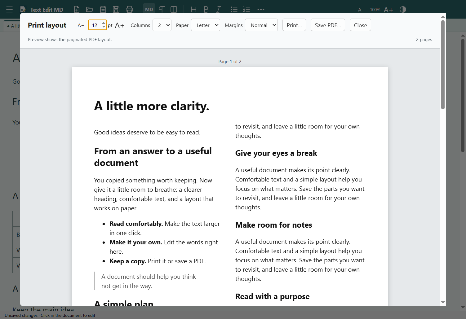 Text Edit MD print preview with two-column pages, text-size buttons, paper and margin controls