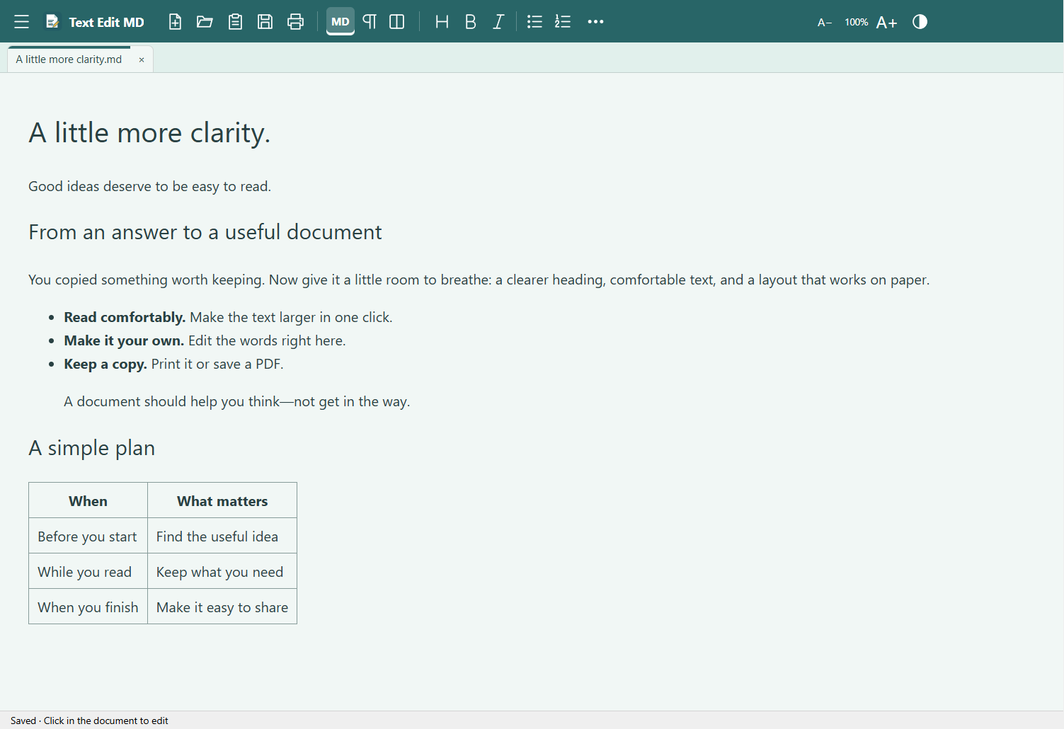 Text Edit MD showing an editable document, a compact toolbar, tabs, and text-size controls